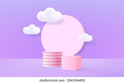 3D rendering podium kid style with colorful pastel background, clouds and weather with empty space for kids or baby product