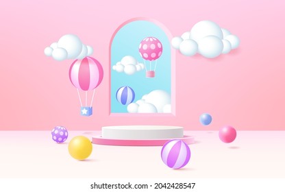 3D rendering podium kid style with colorful pastel background, clouds and weather with space for kids or baby product
