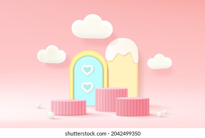 3D Rendering Podium Kid Style With Pastel Color Background, Clouds And Weather With Space For Kids Or Baby Product
