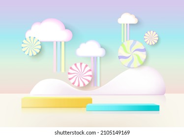 Estilo de niño de podio de renderización 3D con fondo pastel colorido, nubes y clima con espacio para niños o productos para bebés
