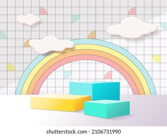 3D rendering podium kid style, colorful background, clouds and weather with empty space for kids or baby product