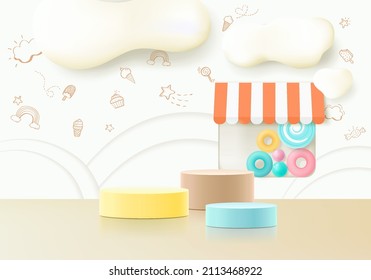 3D rendering podium kid style with colorful pastel background with space for kids or baby product