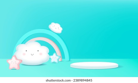 3D rendering podium kid style with color pastel background, clouds and weather with space for kids or baby product
