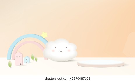 3D rendering podium kid style with color pastel background, clouds and weather with space for kids or baby product
