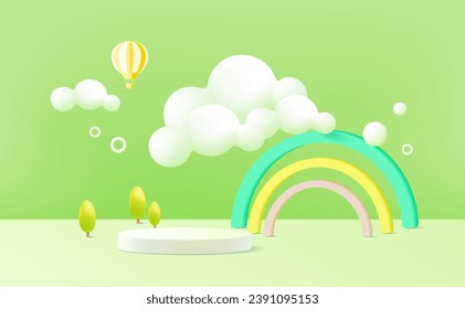 3D-Rendering-Podium-Kinderstil mit pastellfarbenem Hintergrund, Wolken und Wetter mit Platz für Kinder oder Babyartikel