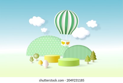 3D rendering podium, pastel color background, clouds and weather with empty space for kids or baby product.