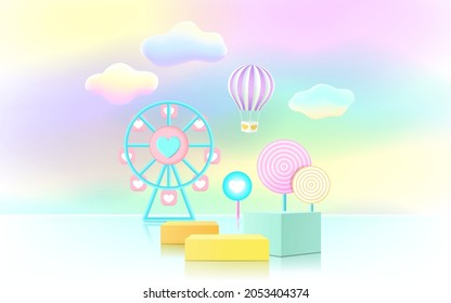 3D rendering podium, pastel color background, clouds and weather with empty space for kids or baby product.