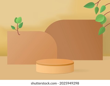 3d rendering with podium. Pedestal for presentation and awarding of organic cosmetic product. Banner with beige stand in cylinder form and leaves. Realistic vector illustration for poster and website