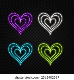 3d rendering of purple neon heart shape on perspective tunnel background. Green, red, yellow, pink, blue, orange.