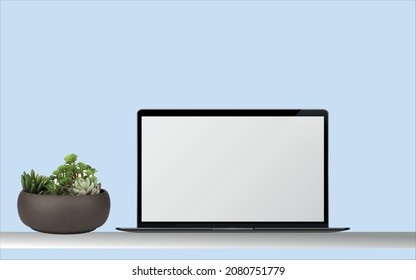 3D Rendering realistic laptop mockups.Blank screen desktop computer in minimal office room with decorations and copy space.