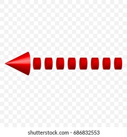 3d rendering red dashed arrow icon. 3d simple red arrow pointing toward left direction. EPS10 vector illustration. Perfect design for infographic  element, poster, banner, logo, template, symbol.