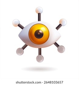 Renderização 3D de um olho robótico com pupila amarela e bolas brancas no estilo de realismo 3D, design de desenho animado, plástico 3D com destaques brilhantes