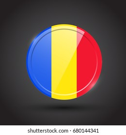 3d rendering of Romania button with flag on black background.