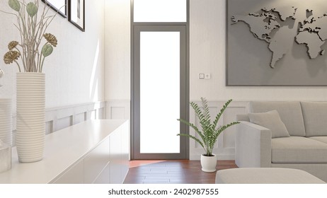 3D rendering of a room with parquet floors and minimalist classic decoration