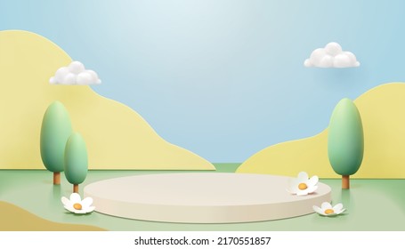 3D rendering round stage with flowers and trees beside, clouds and papercut style yellow mountains on light blue background