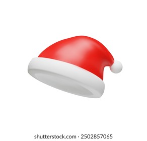 3d rendering Santa Claus hat. Merry Christmas and Happy New Year. Realistic vector illustration in cartoon style. Tradition cap of costume for December party, holiday event. Fur red head clothing.