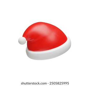 3d rendering Santa Claus hat side. Merry Christmas and Happy New Year. Realistic vector illustration in cartoon style. Tradition cap costume for December party, holiday event. Fur red head clothing.