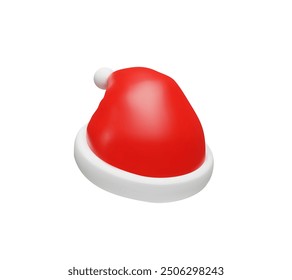 3d rendering Santa Claus hat top. Merry Christmas and Happy New Year. Realistic vector illustration in cartoon style. Tradition cap of costume for December party, holiday event. Fur red head clothing.