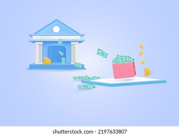 3D rendering. Save money. Transfer money to bank online with on smartphone. secure online payment. convenient and fast purchases. cartoon icon. Vector illustration.