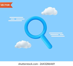 3d rendering search icon with cloud. Loupe, magnifier, magnifying glass. Blue optical tool for finding details and reading small print. Vector illustration