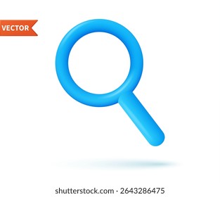 3d rendering search icon on white background. Loupe, magnifier, magnifying glass. Blue optical tool for finding details and reading small print. Vector illustration