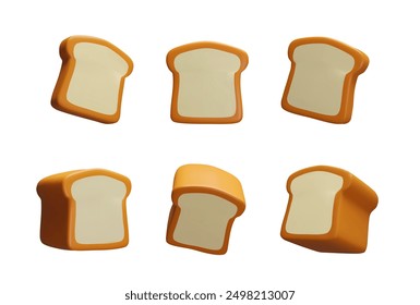 3d rendering set of bread and slices. Vector collection of cartoon style illustration. Bakery shop, supermarket ads, lunch menu. Wheat grain product, cereal ingredient. Tasty bake snack with crust