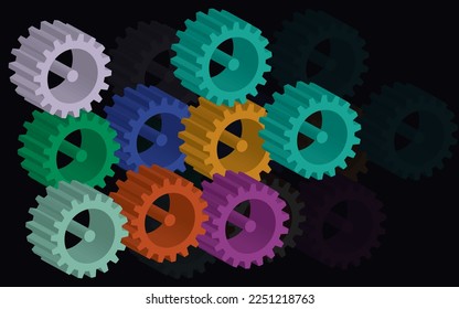 3d rendering of set of colorful gears with soft shadow on black background