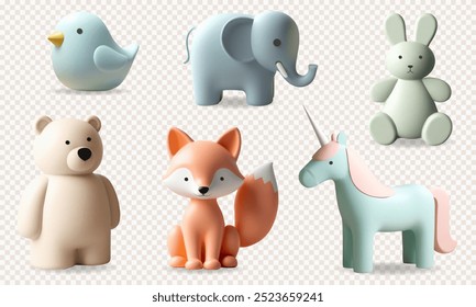 Juego de renderización 3D con animales lindos. Juguetes 3D para niños. Oso, conejito, unicornio, zorro, elefante, pájaro en colores pastel