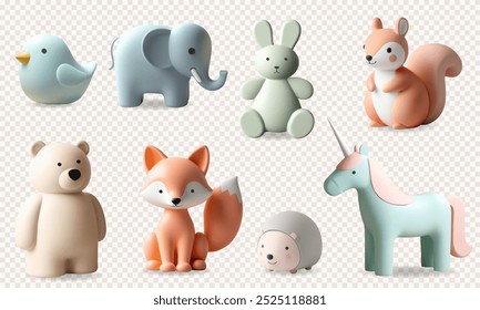 3D-Rendering-Set mit niedlichen Tieren. 3D-Kinderspielzeug. Eichhörnchen, Hase, Einhorn, Fuchs, Elefant, Igel in Pastellfarben