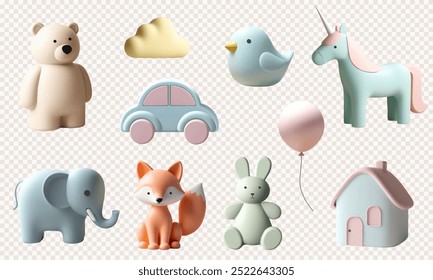 Conjunto de renderização 3d com brinquedos infantis bonitos. 3d urso realista, coelho, carro, unicórnio, raposa, elefante, casa em cores pastel