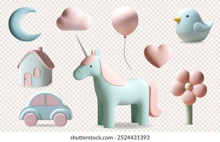 3d rendering set with cute unicorn, bird, heart, moon in pastel colors. 3d kids toys and nursery elements. 