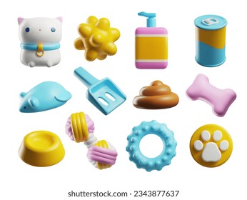 3d rendering set pets toys, accessories and food. Dog or cat cute bowl, bone, massage ball, grooming stuff. Cartoon realistic vector illustrations isolated on white background. Canine or feline care - Shutterstock ID 2343877637