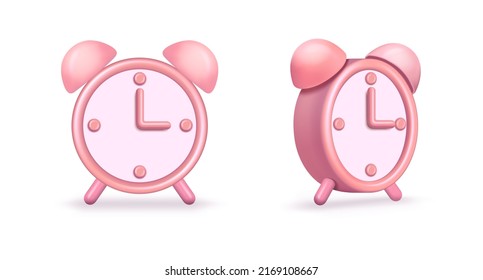 3D rendering Set of a pink alarm clock or mechanical clock with a timer. Icon of a realistic alarm clock in a toy, cartoon style made of plastic. Time on the clock. Isolated 3d vector illustration