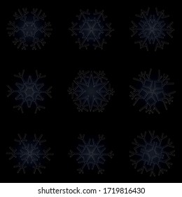 3D rendering. A set of polygonal snowflakes on a black background.