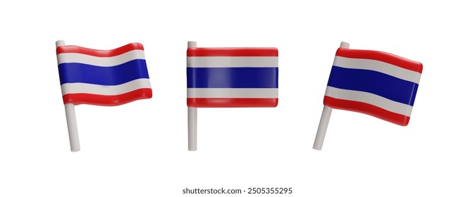 Conjunto de representación 3D de la bandera del patriotismo tailandés. Emblema de Tailandia de Vector tridimensional. Ilustración vectorial. Colección realista ondeando geografía País asiático. Símbolo de gobierno para el turismo.