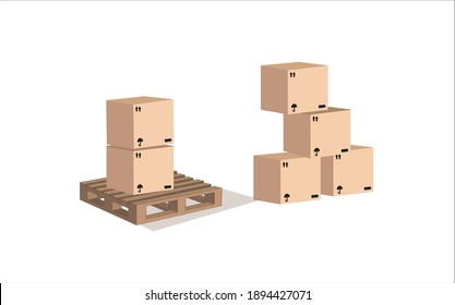 Representación 3D de varias cajas de cartón apiladas en un pallet sobre un fondo blanco. Embalaje y envío Servicio de carga Productos de carga