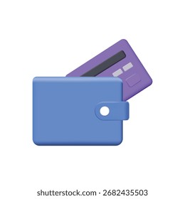 A 3D rendering shows a blue digital wallet holding a purple credit card. This stylized image represents secure online transactions and fintech solutions.