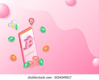 3D Rendering Of Smartphone With Crypto Coins And Cloud Computing On Pink Background.