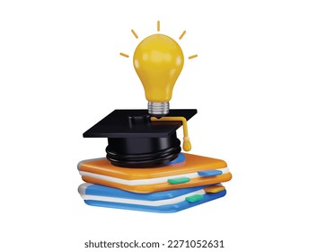 3d rendering stack of books with a light bulb on the Graduates cap