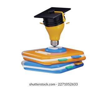 3d rendering stack of books with a light bulb on the Graduates cap