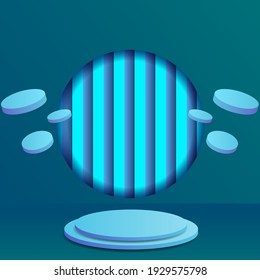 3d rendering studio with geometric shapes, podium on the floor. Platforms for product presentation, mock up background. Abstract composition in minimal design.