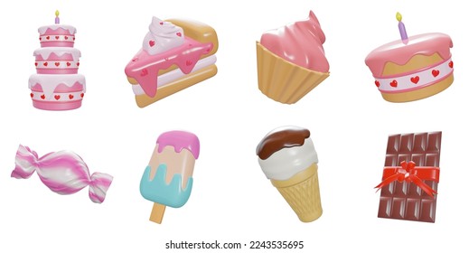 3d rendering. Sweet icon set on a white background.cake,cupcake,candy,ice creem,chocolate