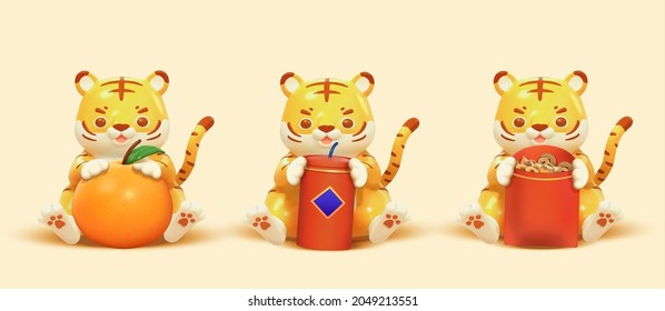 3d rendering tigers putting their paws onto Mandarin orange, firecracker decoration and a coin filled red envelope