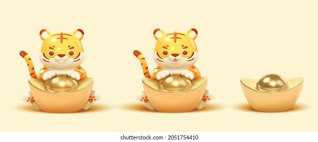 3d rendering tigers putting their paws onto gold ingots with mouths opened and closed 