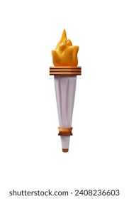 3D rendering torch 2024. Greek ceremony symbol of sport competition. Realistic vector illustration of flame. Athlete games, champions, winner events. Triumph games element with flaming