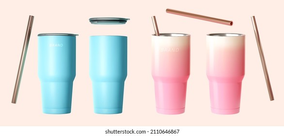 3D Rendering tumbler bottle mockups in blue and pink colors with lids and stainless straws
