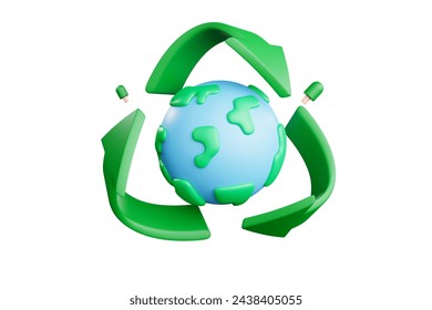 3D rendering uses clean, earth-friendly renewable energy. The earth is placed between recycling symbols.