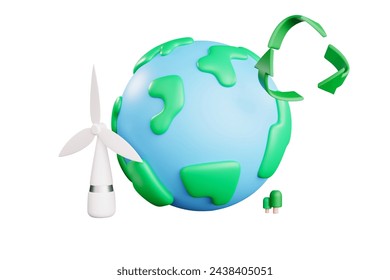 3D rendering Using clean, earth-friendly renewable energy The earth is placed between a windmill and a recycling symbol.