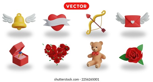 3d rendering. Valentine's Day icons set on a white background winged bell, heart tag,  bow, winged letter, wedding ring box, heart-shaped bouquet, teddy bear, rose. svg
