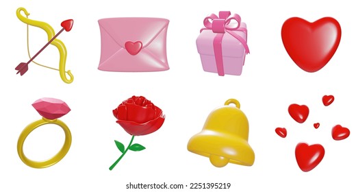 3d rendering. Valentine's icon set on a white background.bow,letter,gift box,heart,ring,rose,bell